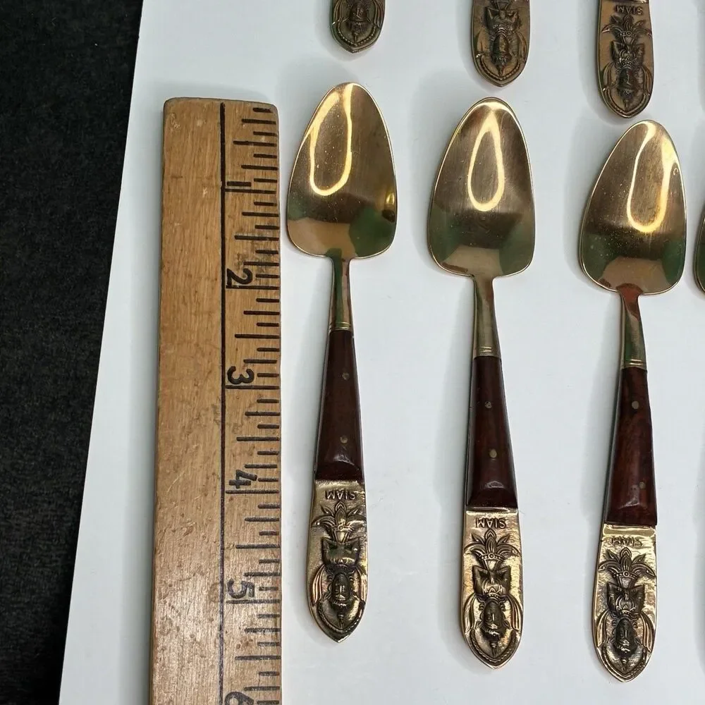 Vintage Thailand Siam Set For 8 Teak Brass Dessert Flatware w/Wooden Case